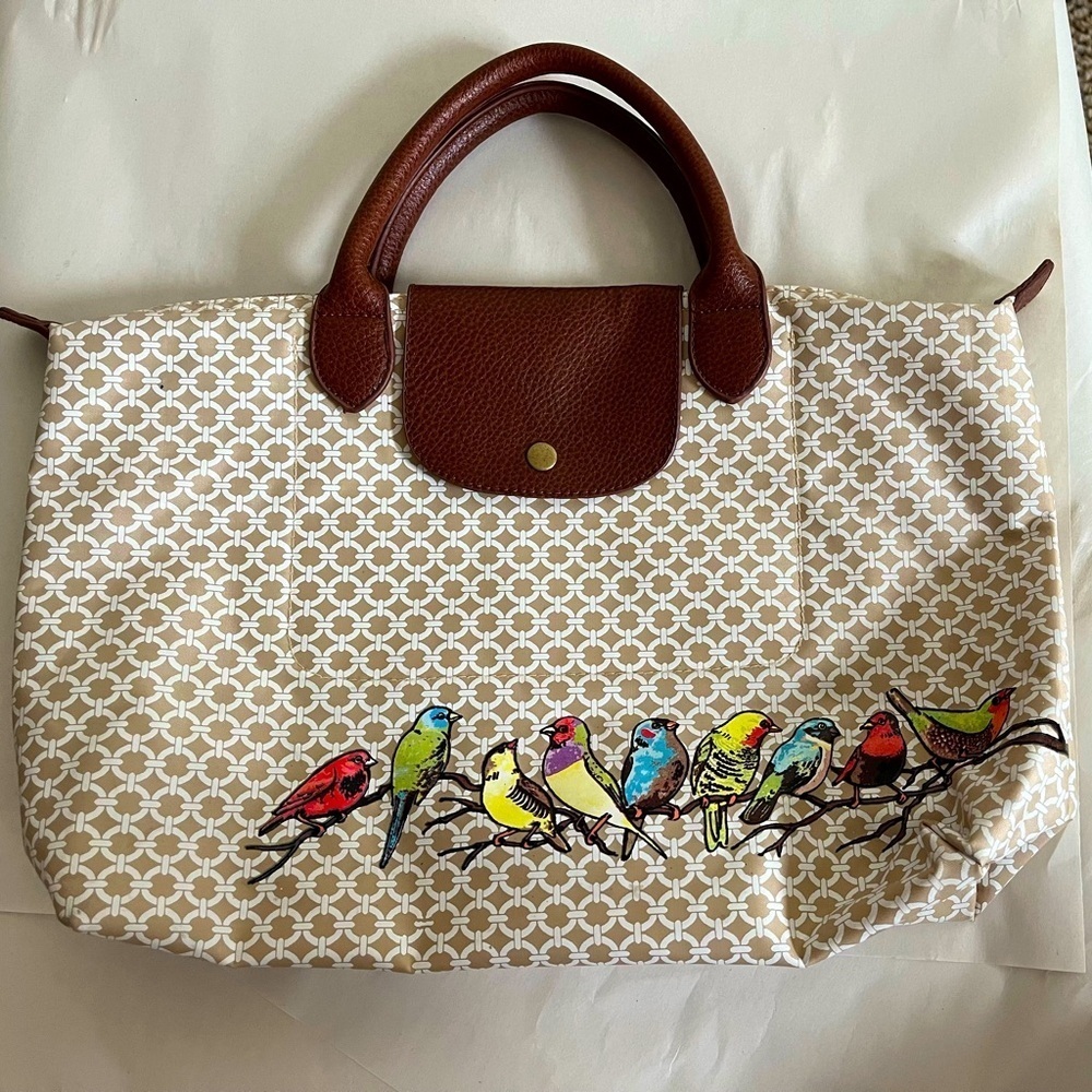 Barth & McCallig Lightweight Foldable Bird Embellished Tote With Leather Trim